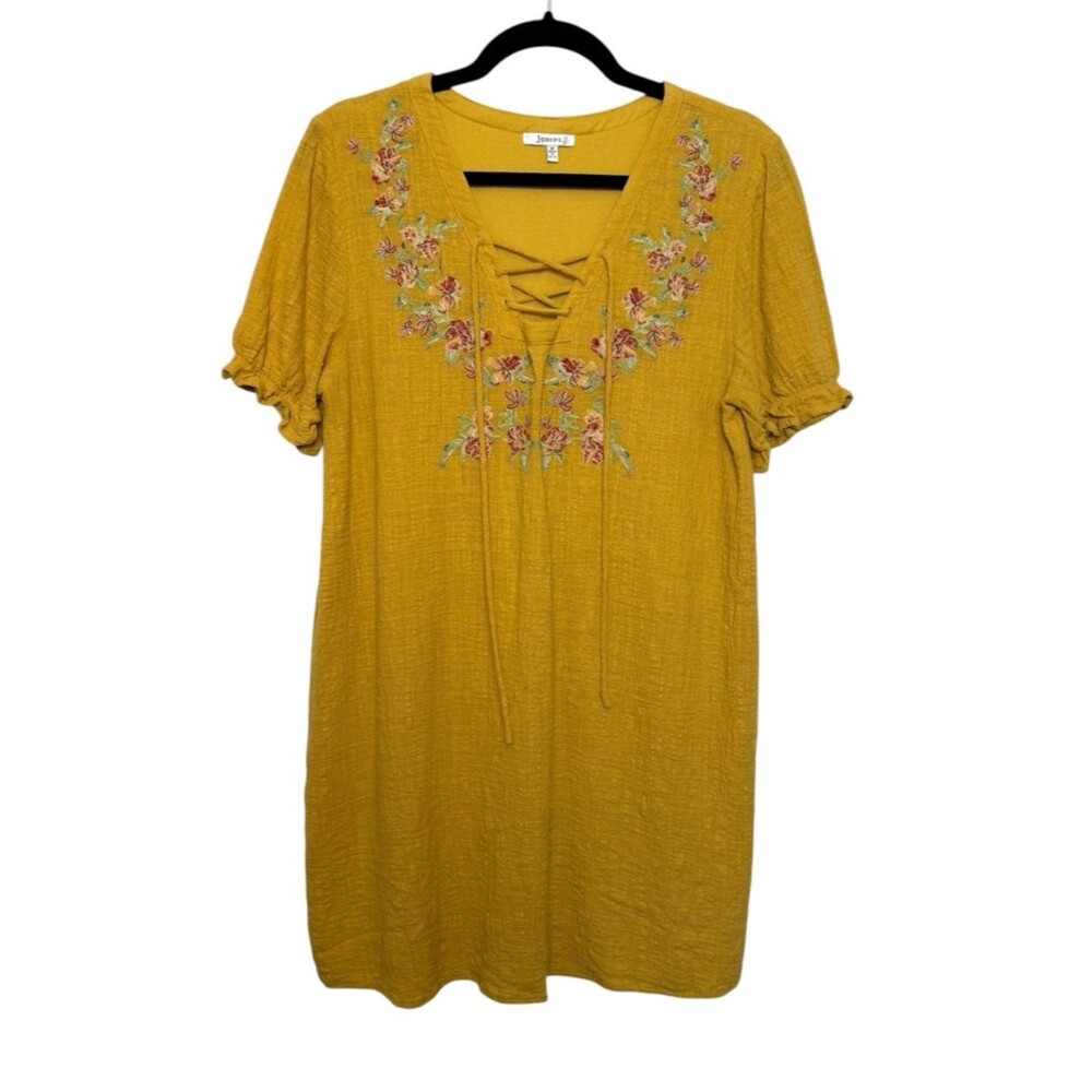 Jodifl Embroidered Tunic Dress Mustard Cotton Lace Up Boho Small